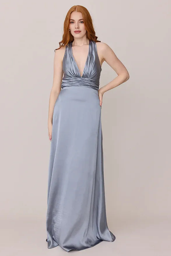 Modern A-Line V Neck Sleeveless Satin Floor-Length Prom Dress