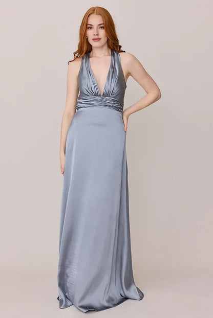 Modern A-Line V Neck Sleeveless Satin Floor-Length Prom Dress