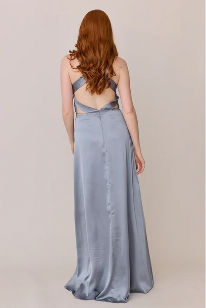 Modern A-Line V Neck Sleeveless Satin Floor-Length Prom Dress