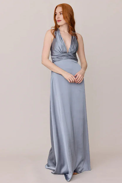 Modern A-Line V Neck Sleeveless Satin Floor-Length Prom Dress