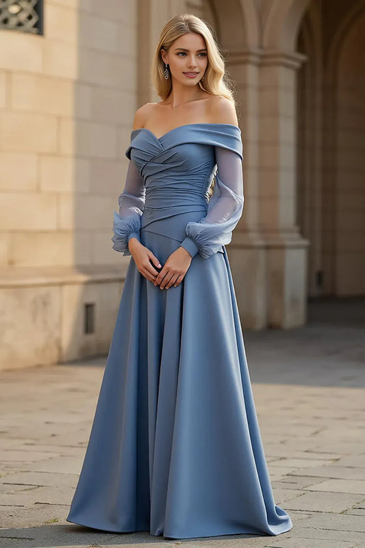 Modern A Line Off the Shoulder Long Sleeve Backless Floor-Length Prom Dress