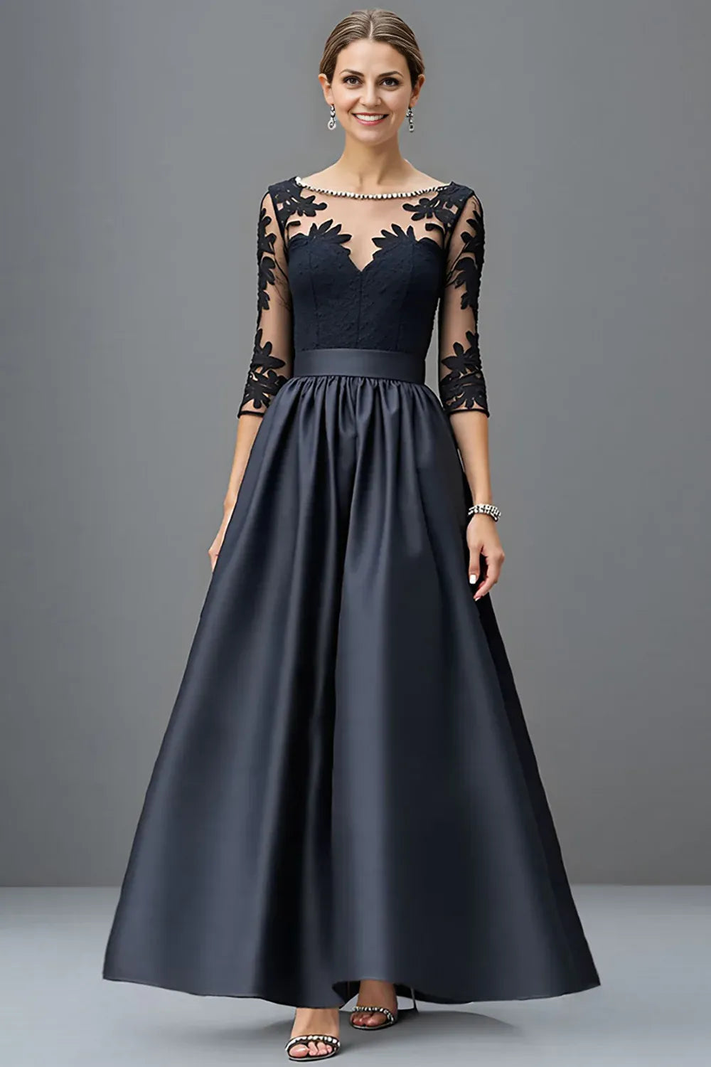 Modern A Line Scoop Neck Long Sleeve Sheer Back Floor-Length Mother of the Bride Dress