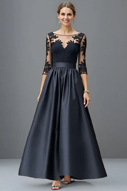 Modern A Line Scoop Neck Long Sleeve Sheer Back Floor-Length Mother of the Bride Dress