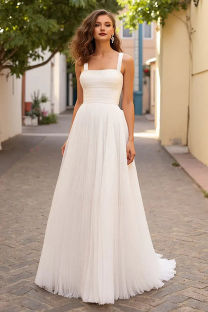 Modern A Line Square Neck Sleeveless Tulle Sweep Train Wedding Dress