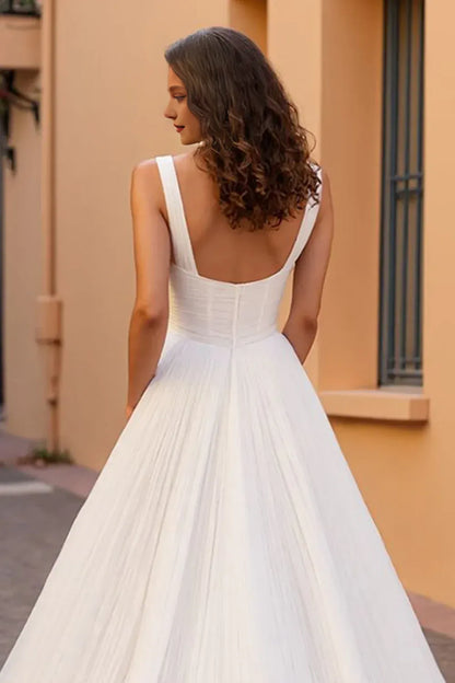 Modern A Line Square Neck Sleeveless Tulle Sweep Train Wedding Dress