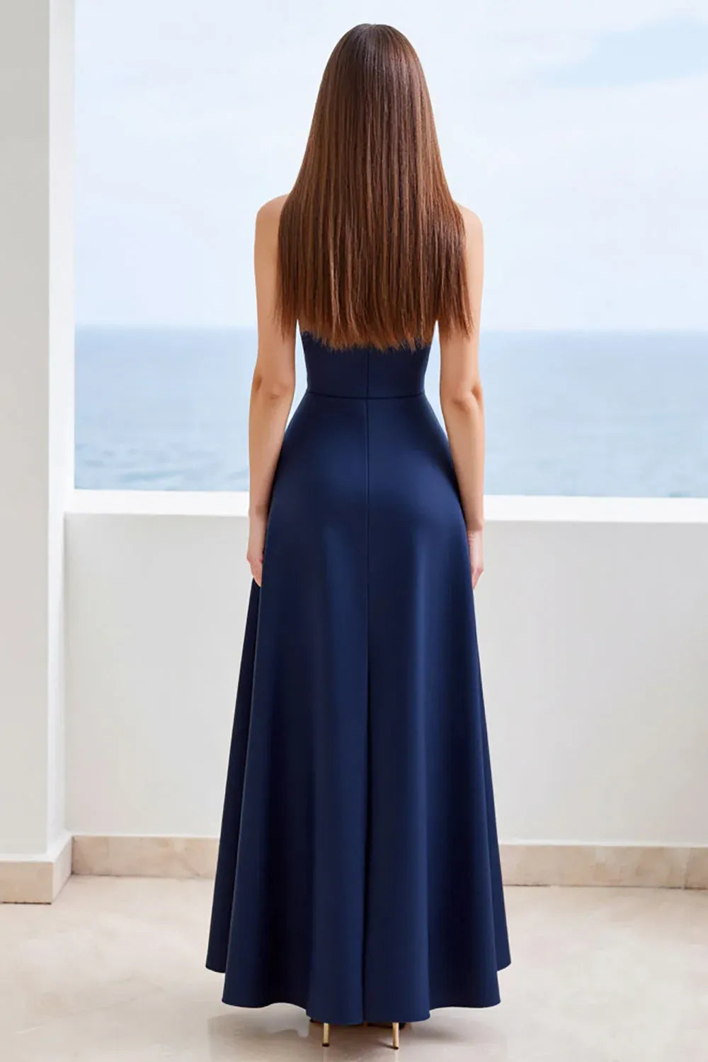 Modern A Line Strapless Sleeveless Satin Floor-Length Evening Dress