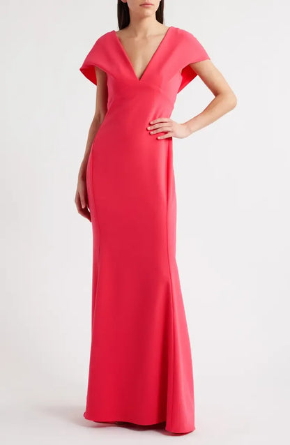 Modern Fitted V Neck Flutter Sleeve Backless Floor-Length Prom Dress