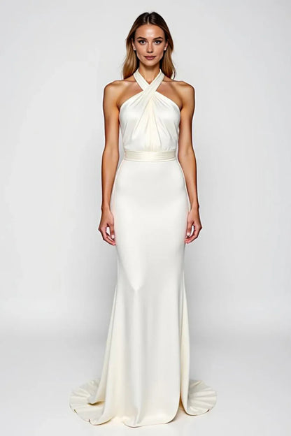Modern Mermaid/Trumpet Halter Sleeveless Backless Sweep/Brush Train Evening Dress