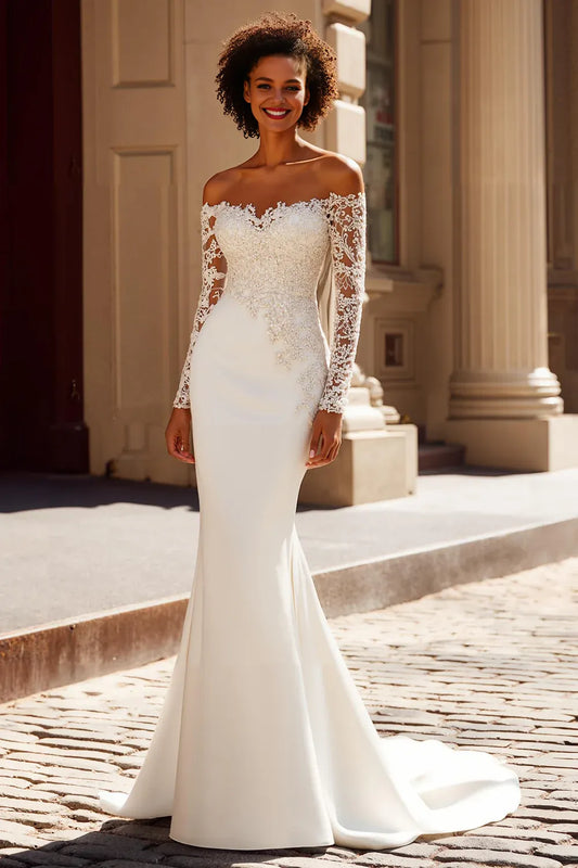 Modern Mermaid/Trumpet Off the Shoulder Long Sleeve Satin Sweep Train Wedding Dress