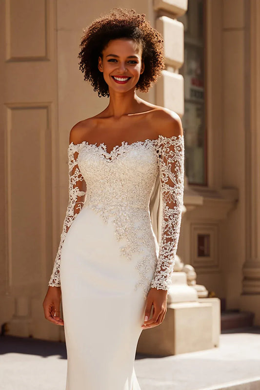 Modern Mermaid/Trumpet Off the Shoulder Long Sleeve Satin Sweep Train Wedding Dress