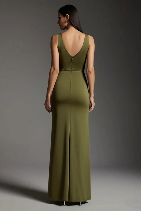 Modern Mermaid/Trumpet V-Neck Sleeveless Satin Floor Length Prom Dress