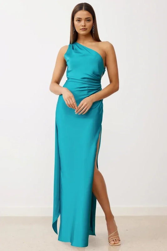 Modern Sheath/Column One Shoulder Sleeveless Satin Floor-Length Prom Dress