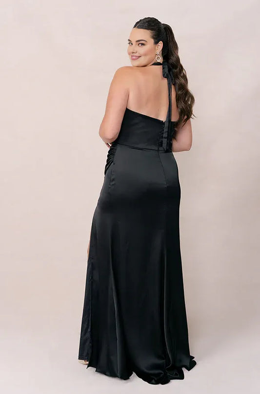 Modern Sheath Halter Neck Sleeveless Satin Floor-Length Plus Size Prom Dress