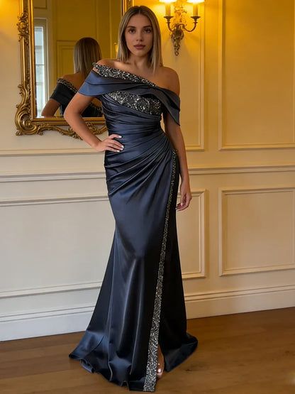 Modern Sheath Off Shoulder Sleeveless Pleated Satin Sweep Train Prom Dress