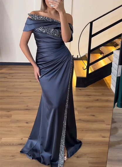 Modern Sheath Off Shoulder Sleeveless Pleated Satin Sweep Train Prom Dress