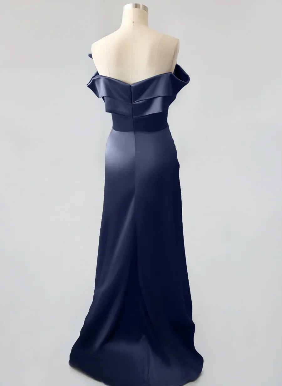 Modern Sheath Off Shoulder Sleeveless Pleated Satin Sweep Train Prom Dress