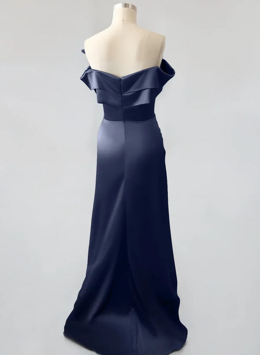 Modern Sheath Off Shoulder Sleeveless Pleated Satin Sweep Train Prom Dress