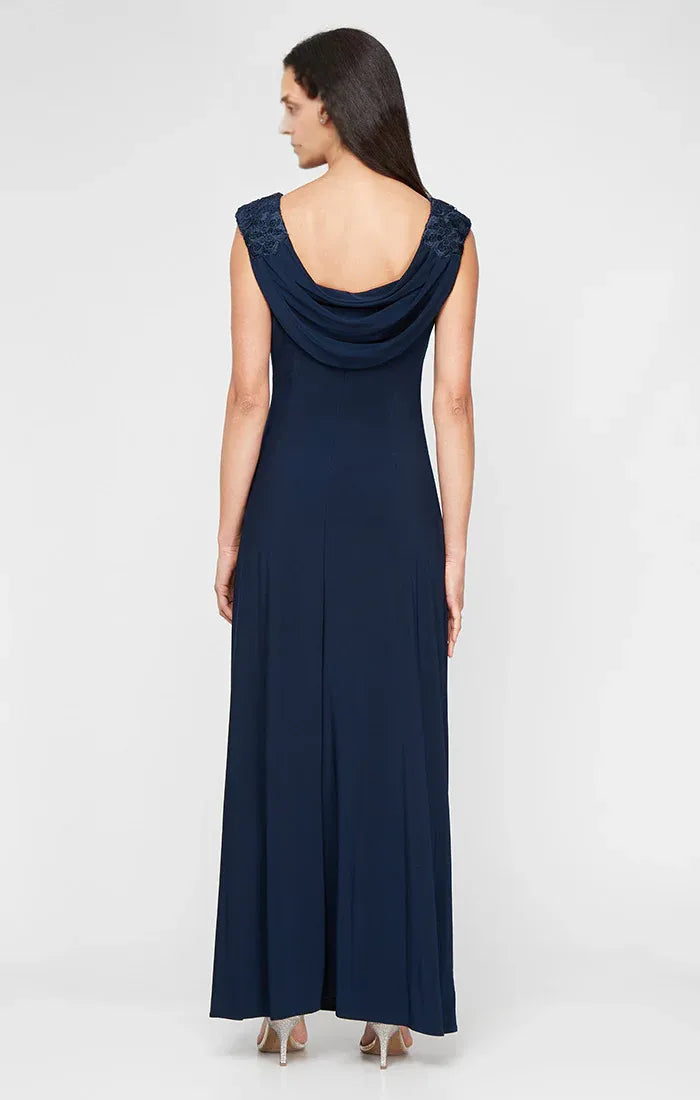 Modern Sheath Scoop Neck Cap Sleeve Satin Floor-Length Mother of the Bride Dress