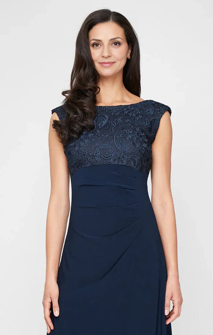 Modern Sheath Scoop Neck Cap Sleeve Satin Floor-Length Mother of the Bride Dress