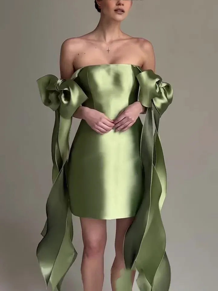 Modern Sheath Strapless Sleeveless Satin Short-Mini Prom Dress