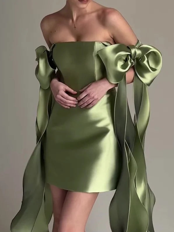 Modern Sheath Strapless Sleeveless Satin Short-Mini Prom Dress