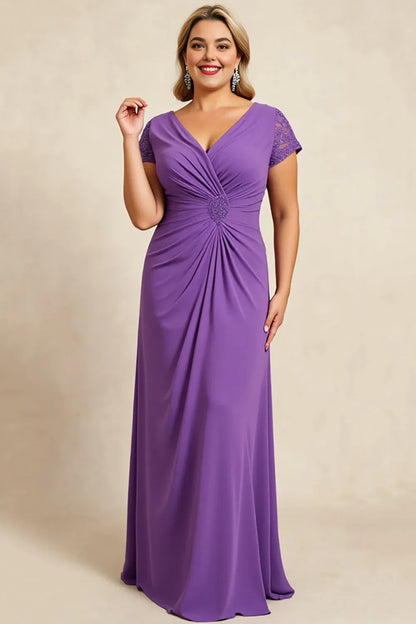 Modern Sheath V Neck Cap Sleeves Keyhole Back Sweep/Brush Train Plus Size Mother of the Bride Dress
