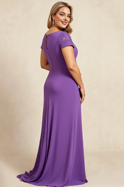 Modern Sheath V Neck Cap Sleeves Keyhole Back Sweep/Brush Train Plus Size Mother of the Bride Dress