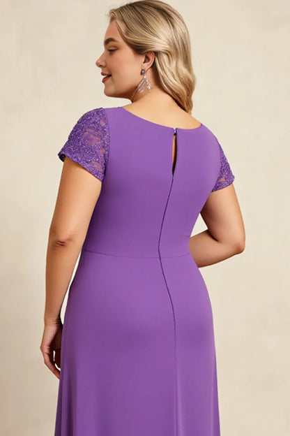 Modern Sheath V Neck Cap Sleeves Keyhole Back Sweep/Brush Train Plus Size Mother of the Bride Dress