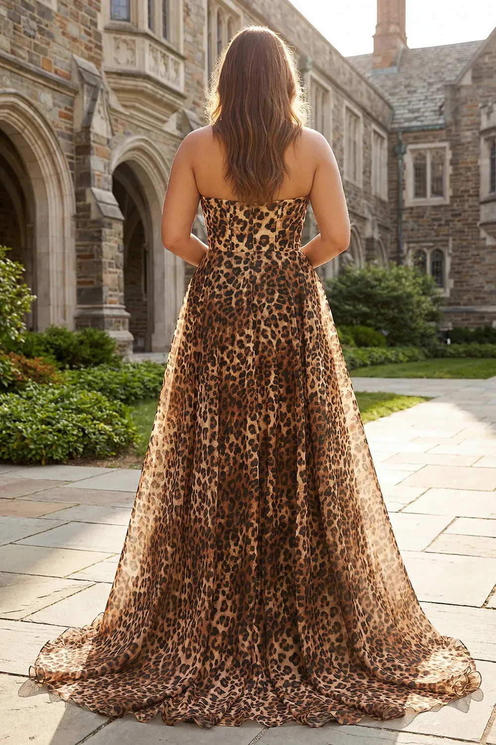 Modern Strapless A Line Sleeveless Leopard Print Floor-Length Plus Size Prom Dress