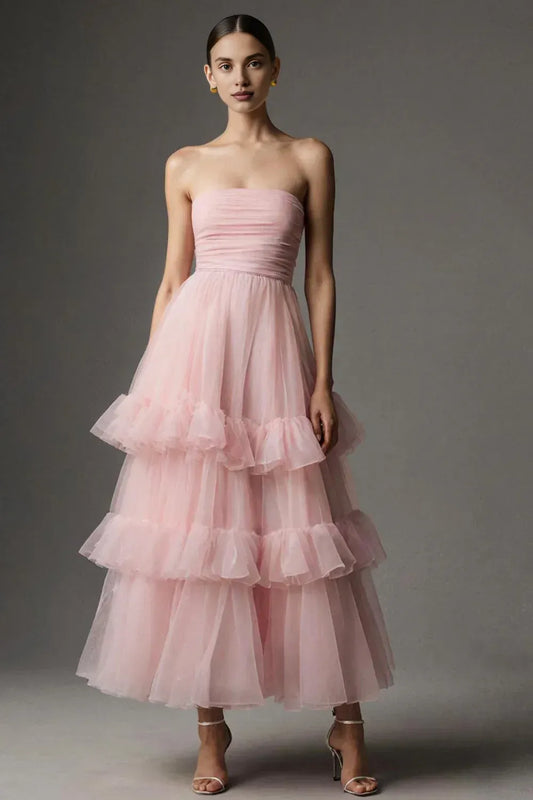 Modern A Line Sleeveless Strapless Satin Tiered Ankle-Length Prom Dress