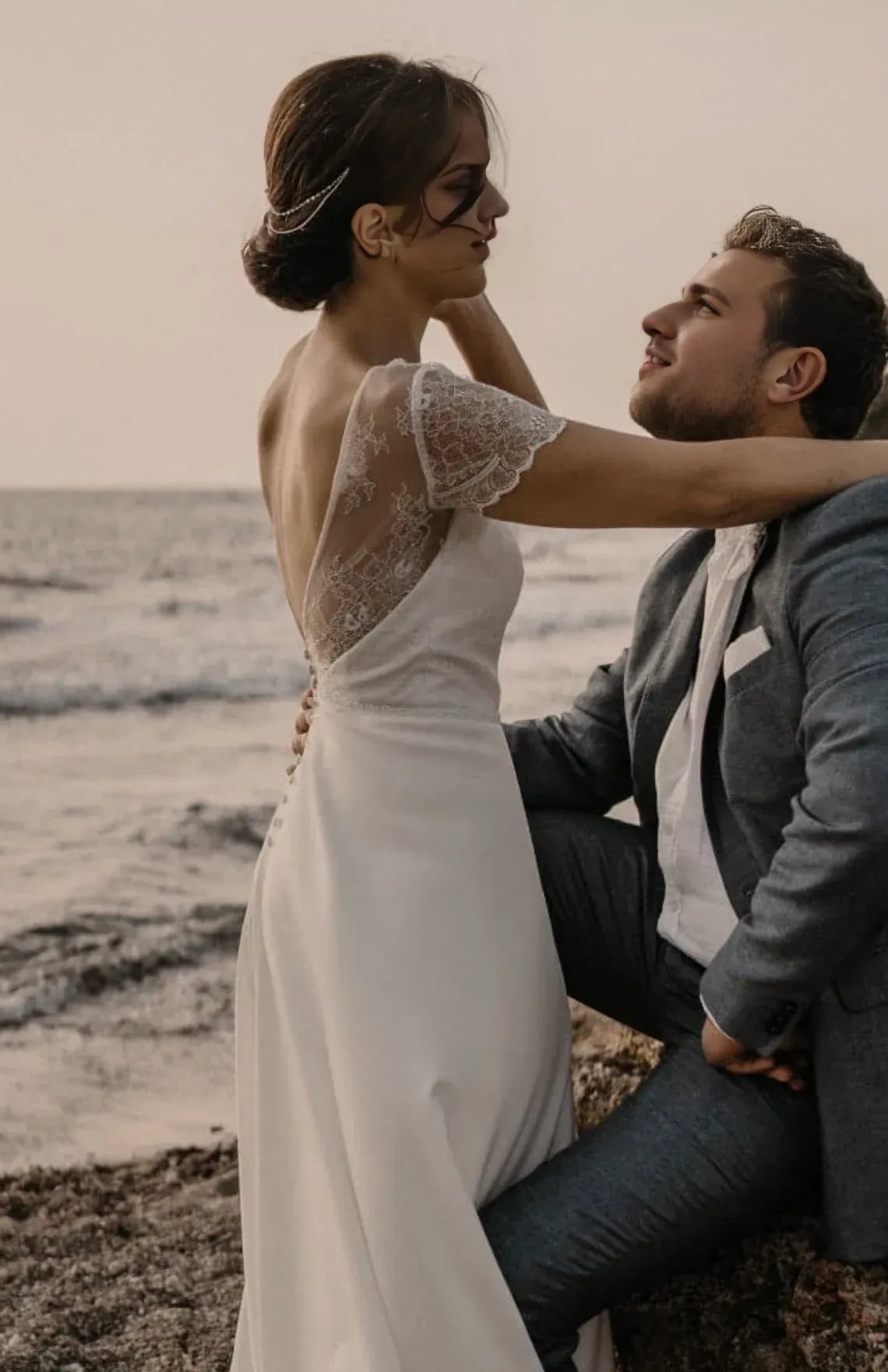 Modest Lace Wedding Dress Boho Style Casual Short Sleeve Deep Open Back Simple Romantic For Rustic Wedding Floor Length