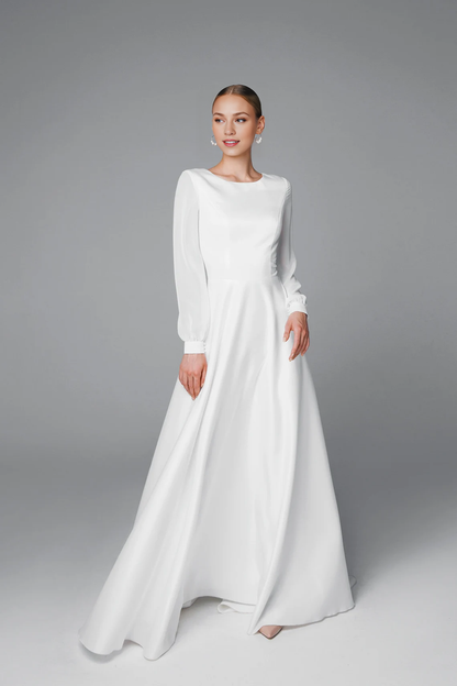 Modest Long Sleeve Wedding Dress Satin And Chiffon Bridal Gown Round Neck Floor Length With Train