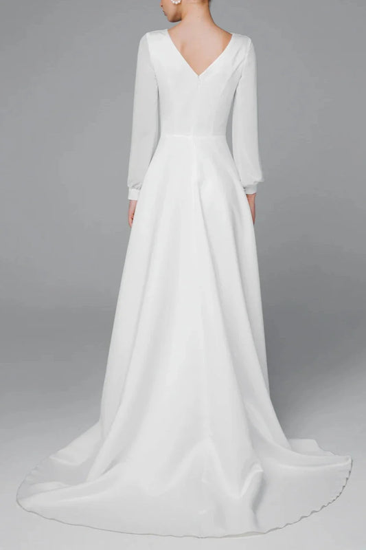 Modest Long Sleeve Wedding Dress Satin And Chiffon Bridal Gown Round Neck Floor Length With Train