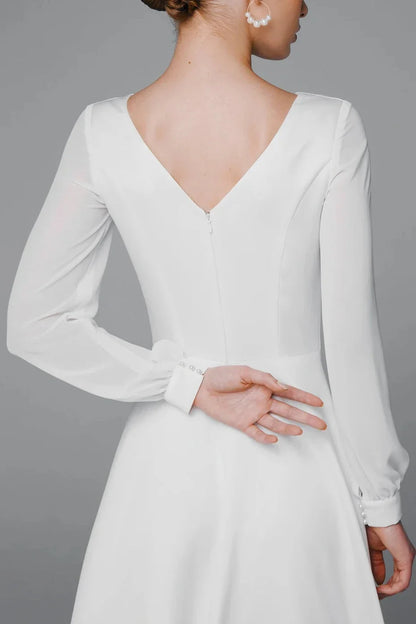 Modest Long Sleeve Wedding Dress Satin And Chiffon Bridal Gown Round Neck Floor Length With Train