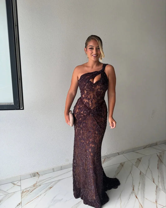 Modest One Shoulder Long Sleeves Bodycon Ruched Lace Sweep Train Prom Dress
