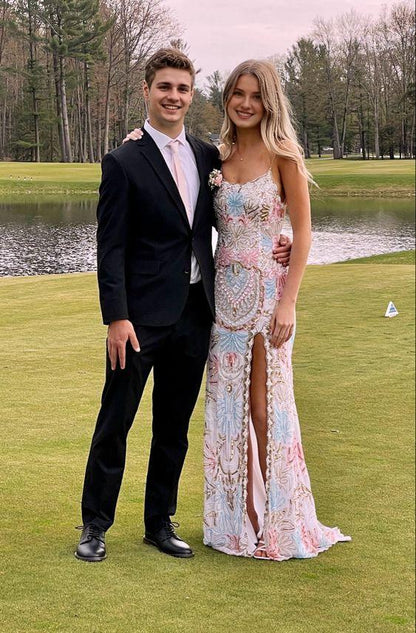 Modest Sheath Straps Sequin Slit Lace Up Backless Prom Dresses