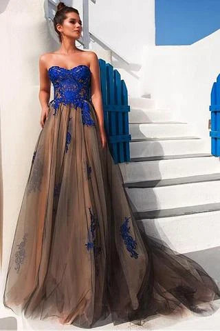 Prom Dresses Stores Modest Tulle Strapless A-line Long Prom Dresses With Lace Appliques Formal Women's Dresses