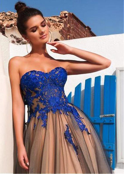 Prom Dresses Stores Modest Tulle Strapless A-line Long Prom Dresses With Lace Appliques Formal Women's Dresses