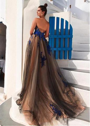 Prom Dresses Stores Modest Tulle Strapless A-line Long Prom Dresses With Lace Appliques Formal Women's Dresses