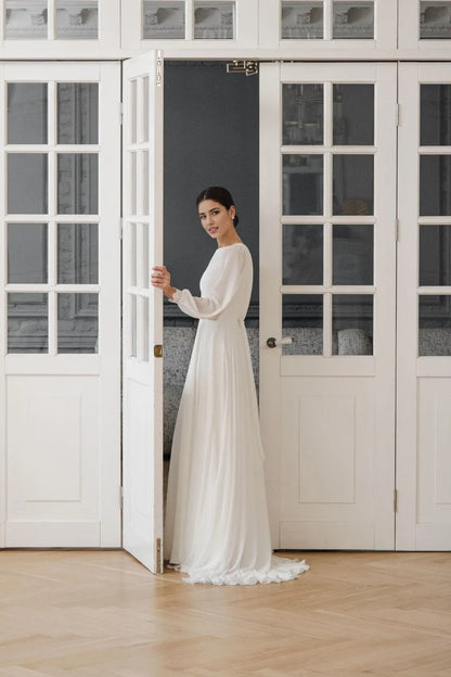 Modest Wedding Dress A-line Long Sleeve High Neck Chiffon Bridal Gown Floor Length Bride Dress