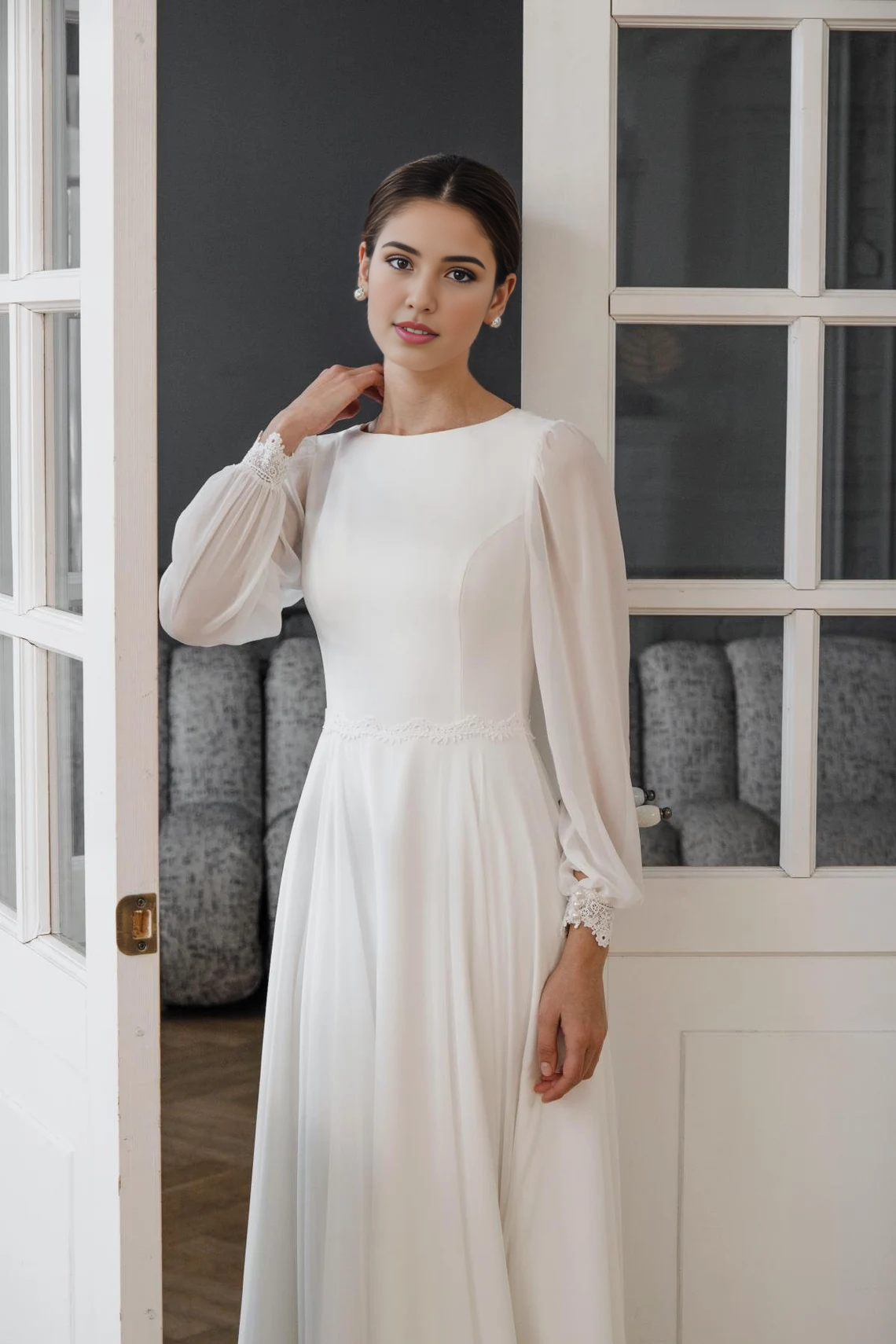Modest Wedding Dress A-line Long Sleeve High Neck Chiffon Bridal Gown Floor Length Bride Dress