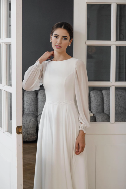 Modest Wedding Dress A-line Long Sleeve High Neck Chiffon Bridal Gown Floor Length Bride Dress