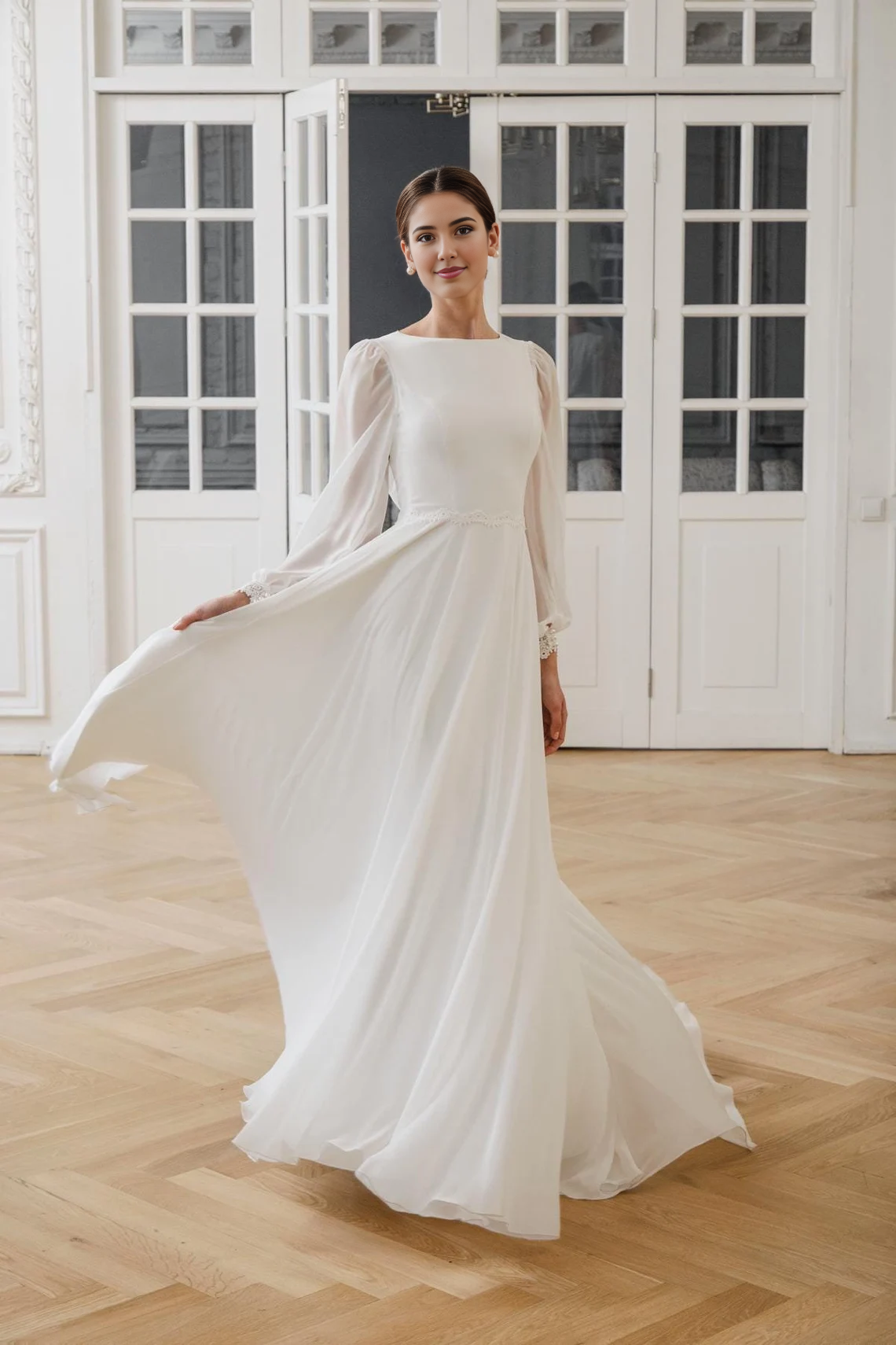 Modest Wedding Dress A-line Long Sleeve High Neck Chiffon Bridal Gown Floor Length Bride Dress