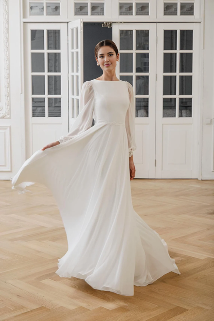 Modest Wedding Dress A-line Long Sleeve High Neck Chiffon Bridal Gown Floor Length Bride Dress