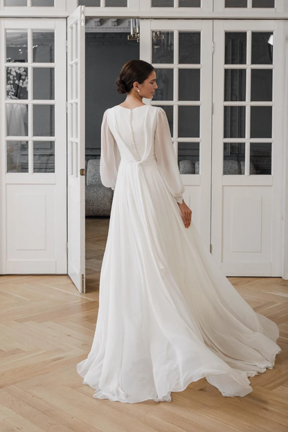 Modest Wedding Dress A-line Long Sleeve High Neck Chiffon Bridal Gown Floor Length Bride Dress