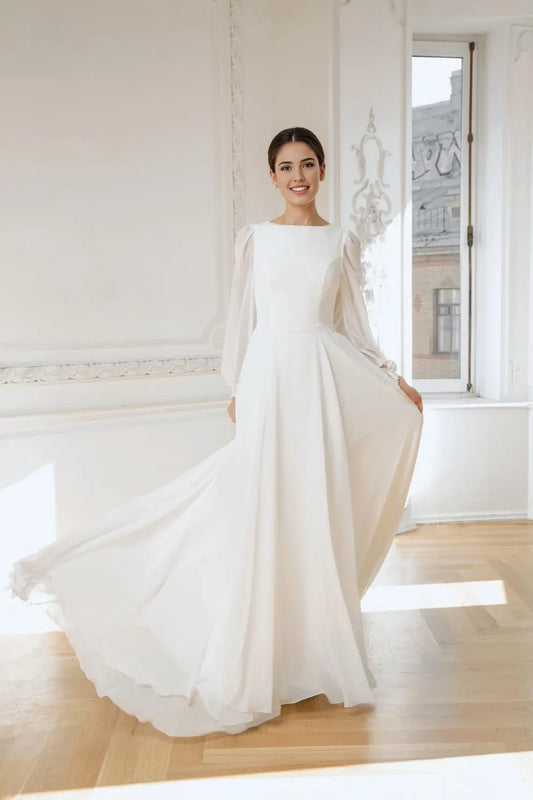 Modest White Chiffon A‑Line High‑Neck Lace‑Cuff Long‑Sleeve Button V‑Back Floor‑Length Wedding Dress