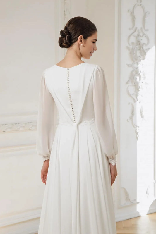 Modest White Chiffon A‑Line High‑Neck Lace‑Cuff Long‑Sleeve Button V‑Back Floor‑Length Wedding Dress