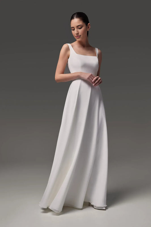 Modest Wedding Dress Simple Wedding Dress Sleeveless Floor Length Wedding Dress A-line Silhouette Square Neckline