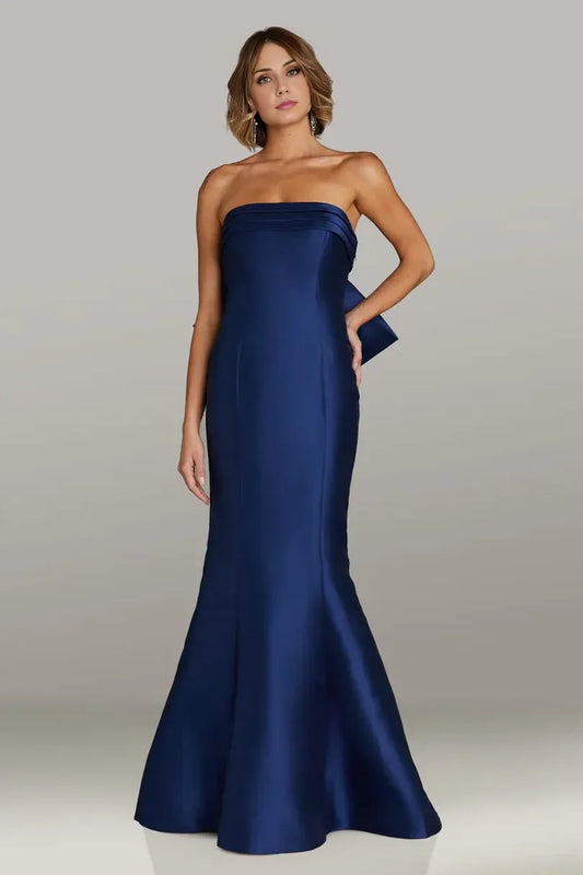 Navy Satin Mermaid Strapless Bandeau Bow‑Back Floor‑Length Mother Of The Bride Dress