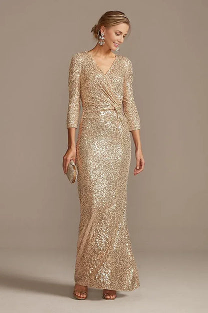 Mom Of The Bride Dressbride Mother Dress V Neck Sequin Column Gown Flattering Knot With 3/4 Sleeves Mother Of The Bride / Stores With Prom Dresses